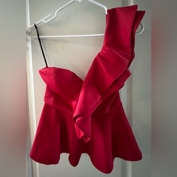 Lulus Red One Shoulder Ruffled Peplum Top - Picture 4 of 8